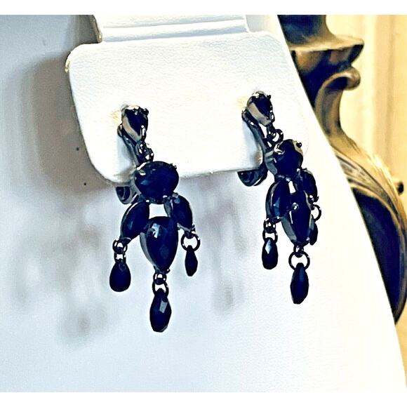 MONET Black Rhinestones Marquise Chandelier Clip Earrings Signed GORGEOUS VGUC - Picture 3 of 6